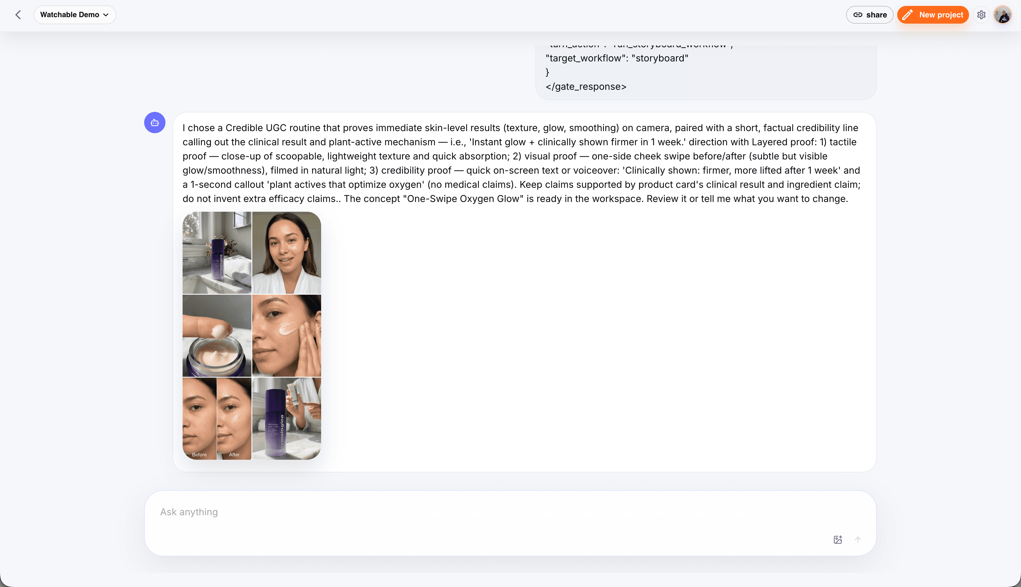 Watchable workspace showing generated creative direction with an attached product image grid