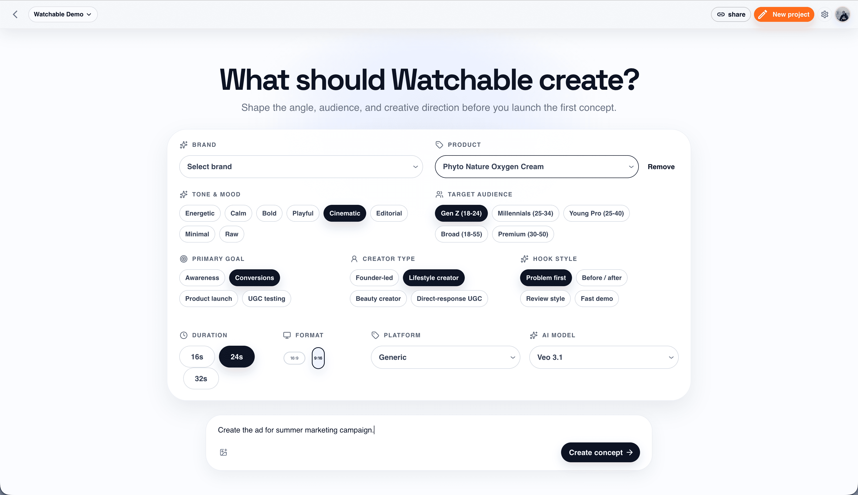 Watchable creative setup screen showing product, tone, audience, and format selections