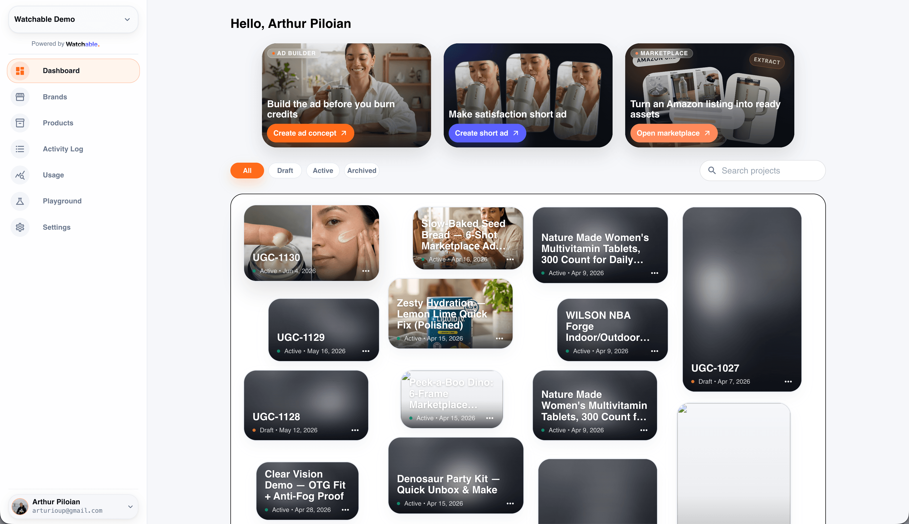 Watchable dashboard showing the main creative workspace and project grid