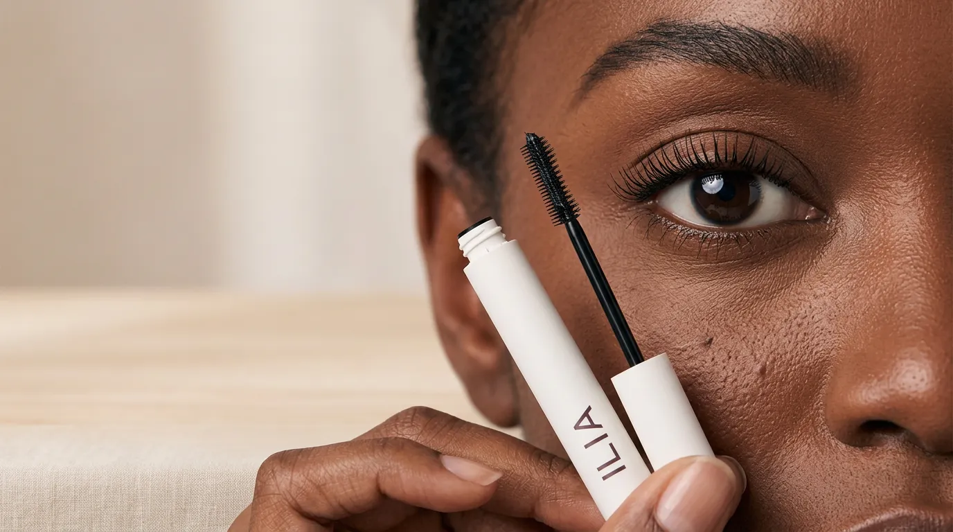 ILIA mascara macro beauty creative focused on realistic lashes and skin texture.